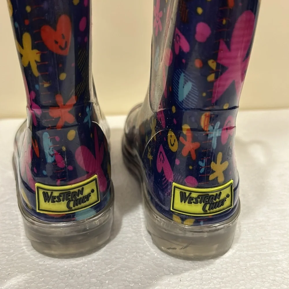 Western Chief Floral hearts stars smiley face Rain Boots light up heels size 10